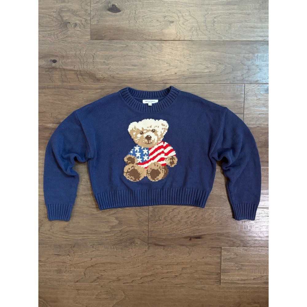 Grayson Threads Navy Blue Teddy Bear American Flag Knit Sweater Womens Medium